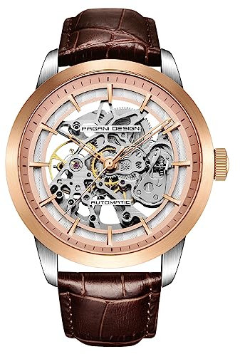 PaganiDesign Classic Fashion Uomo Scheletro Automatico Meccanico Orologio in pelle Cinturino in acciaio inox a carica automatica impermeabile Business Analogico sportivo Orologio da polso, Marrone