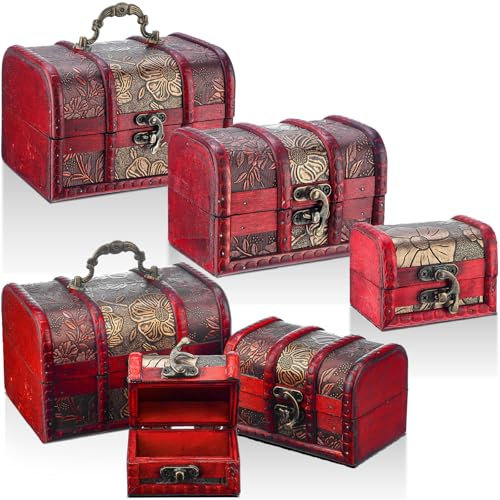Briwooody 6 Pcs Wooden Treasure Chest Trinket Box Pirate Treasure Chest Box with Mini Metal Lock Decorative for Jewelry Keepsakes Home Decor, 3 Assorted Sizes