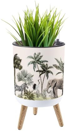 Pot de fleurs décoratif vintage tropical de 35,6 cm avec pieds en bois massif, capteur de niveau d'eau, pour plantes d'intérieur et d'extérieur, palmier, feuilles de palmier, paresseux