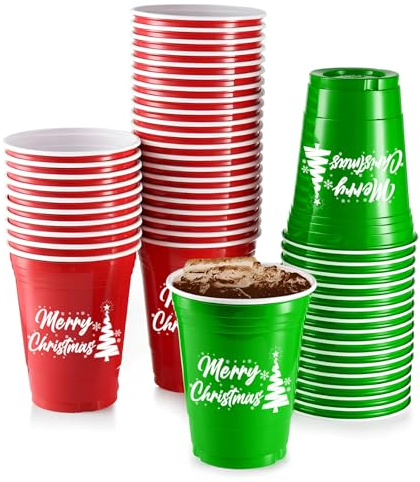 Komonee 12 x Christmas Red and Green Cups 16oz 500ml Wide Rimmed Disposable American Xmas Party Cups USA Adult Novelty Plastic Glass Design 3