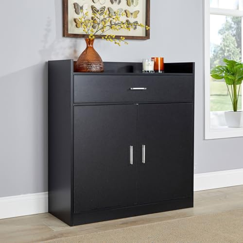 Home Source Shoe Cabinet, 2 Door 1 Drawer Storage, Compact Hallway Cupboard Organiser, Footwear Rack Stand, Wooden Sideboard, Black