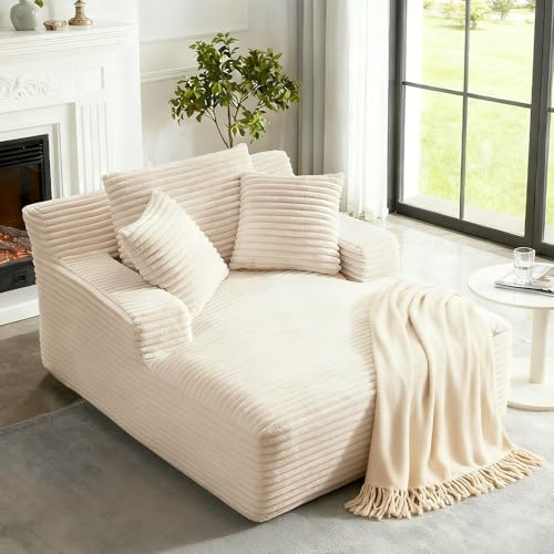 Tmsan 50 Oversized Chaise Lounge Sofa Chair Indoor, Boneless Sleeper Bed Small Cloud Couch with 3 Soft Pillows, Comfy Corduroy Reading Chair for Living Room Apartment Office (White)
