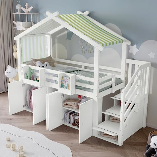 Azkoeesy Letto a castello per bambini, 90 x 200 cm, con scaletta integrata, Armadio a cinque ante, Tettuccio in tessuto a righe, libreria, legno di pino, bianco e verde