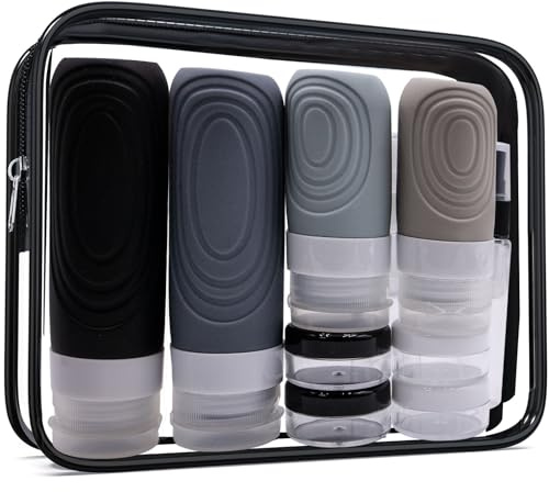 Noviatrix 18 Pcs Flacon Voyage Silicone Set 60/90ml, Anti-Fuite Rechargeable Recipient Voyage avec Trousse de Toilette Transparente pour Shampooing, Lotion, Après-Shampooing, Gel Douche