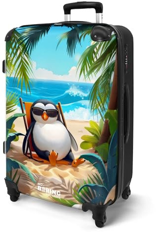 NoBoringSuitcases© Koffer Kinder Groß Reisekoffer Kinderkoffer 4 Rollen | 67x43x25 cm - Leicht Kindertrolley Mittelgroß Reise Hartschalenkoffer Pinguin - Strand - Sommer
