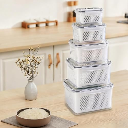 CHUIFAI 5er Set Frischhaltedosen Obst Gemüse mit Deckel Sieb, Kühlschrank Organizer Aufbewahrungsbox, Stapelbare Kühlschrank Obst Gemüse Aufbewahrung Boxen, 380ml/800ml/1700ml/3150ml/4150ml