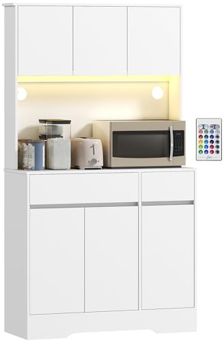 HOMCOM Buffet Cuisine avec lumière LED RGB, Meuble Cuisine Rangement Haut, Meuble de Rangement avec Plan de Travail, 6 Portes, 2 tiroirs, étagères réglables Inclus, 100x38x180cm, Blanc