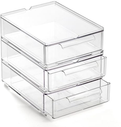BINO | Clear Stackable Storage Drawers, Small - 3 Pack | Clear Storage Drawers with Built-In Handles | Durable Plastic Organizer Drawer | Modular Stackable Drawer Acrylic Organizer