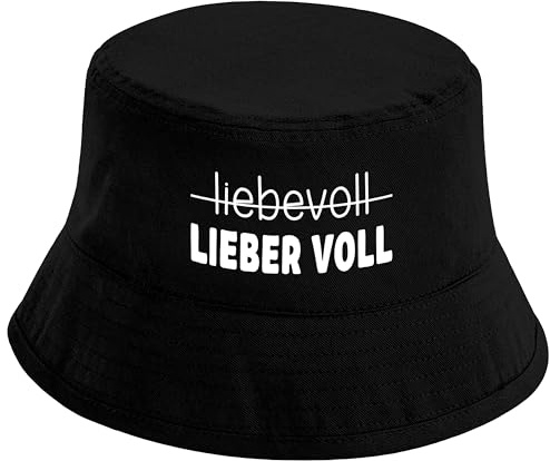 Bucket Hat Schwarz – Liebevoll Lieber voll – Fischerhut mit Spruch – Unisex Einheitsgröße – Festivalhut/Sonnenhut für Damen & Herren