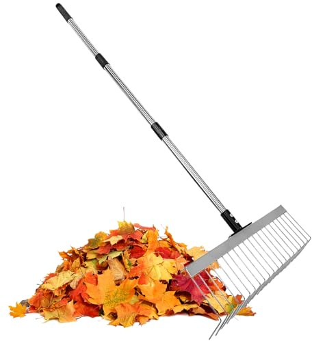 Qkbuza Râteau À Feuilles Réglable avec Manche De 125cm Râteau À Feuilles en Métal Râteaux Gazon Balai De Jardin avec Manche pour Travail Extérieur Désherbage Nettoyage Tonte Nettoyage Débris Jardin