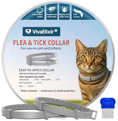 Flea and Tick Collar for Cats 2 Pack, 12 Months of Cat Flea Collar Protection 2 Collars Made with Premium Plant Based Essential Oil Waterproof and Natural Treatment Prevention Free Comb