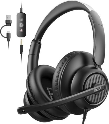 EKSA H8 Auriculares USB con micrófono,Cascos con Microfono Cancelación de Ruido,Controles en Línea, Auriculares con Cable 3.5mm/USB A+C para Centro de Llamadas/Oficina/Zoom