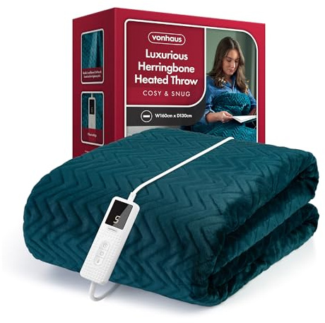 VonHaus Heated Throw Blanket – Electric Over Throw Fleece Blanket with Digital Control – Large Size 160 x 130cm, 9 Heat Settings, 9 Hour Timer, Safety Shut Off, Machine Washable, Soft Material
