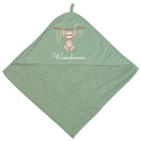 Elefantasie Baby Kapuzenhandtuch personalisiert mit Motiv Dschungel und Name 75 x 75 cm Baumwolle Frottee Saugfähig (Salbei)
