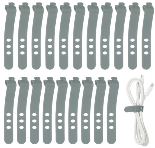 sourcing map 20 bridas de silicona para cables, 3 agujeros, reutilizables, de goma, ajustables, con hebilla de bloqueo, correa de cable multiusos para cables de viaje en casa, oficina, color gris