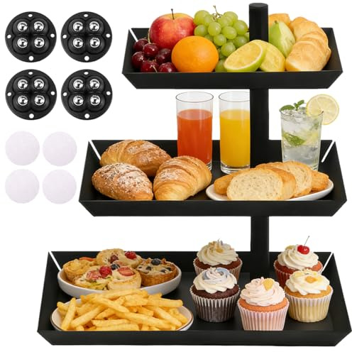 Obst Etagere 3 Stöckig 24,7 x 15,8 x 26,6 cm, 360° Drehbare Etagere 3 Etagen Schwarz für Unterhaltung, Etageres Obst 3 Stöckig mit Möbelrollen selbstklebend für Desserts, Kuchen, Gebäck, Kekse