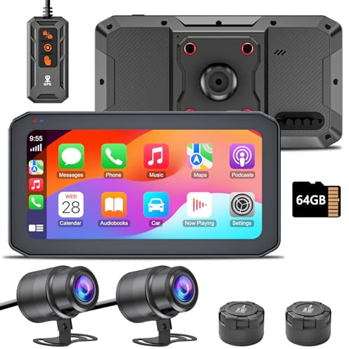 IXROAD CarPlay Moto Android Auto avec Camera Étanche, 2K Dashcam Moto Avant et Arrière, Écran Tactile 6.25 avec GPS, TPMS, Télécommande, Carte TF 64 Go | Support automatique Android, affichage 1000 nits, détection d'angle mort, enregistrement d'itinéraire GPS, GPS par téléphone