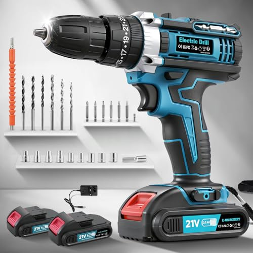 Cordless Drill,21V Power Drill Set with 25+3 Max 50Nm Torque,Electric Combi Drills and Screwdriver Set, 3/8 Keyless Chuck, 33Pcs Bits, 2X2000mAh Battery Drills Driver Tools for Home Repair DIY