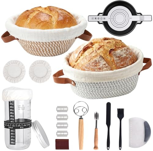 21PCS Bread Proofing Basket Starter Kit 10 Inch Round & Oval | Sourdough Starter Kit with Glass Sourdough Starter Jar, Rattan Cotton Rope Proving Basket, Bread Making Accessories