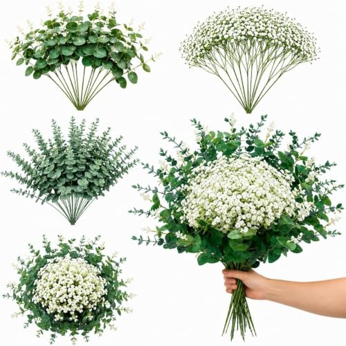 200 Stück Eukalyptus Deko Schleierkraut Künstlich wie Echt Kunstblumen | Eukalyptus Zweige Grün Blätter Künstliche Pflanzen Blumen Plastik für DIY Blumenstrauß Tisch Hochzeit Vase Zimmer Dekor