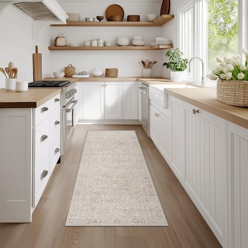 Beauoop Hallway Runner Rug Beige Neutral Washable 60x180 cm Non Slip Low Pile Vintage Traditional Indoor Carpet Soft Retro Entryway Thin Rug for Kitchen Living Room Bedroom Bathroom Laundry Entrance