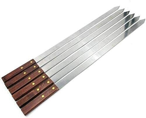 RIZZIIZ Long BBQ Barbecue Skewers with Wooden Handle, Stainless Steel Flat Reusable Metal Skewer Sticks for Kebab, Shish Kabab, Grill, Cocktail Party, BBQ Accessories, 58CM (12 Pcs)