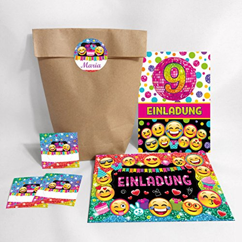 JuNa-Experten 12-er Set Einladungskarten, Umschläge, Geschenktüten, Aufkleber zum 9. Kindergeburtstag für Mädchen/Einladung neunte Geburtstag