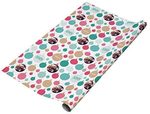 Herz & Heim® Foto Geschenkpapier zu Weihnachten mit Ihren Lieblingsfoto in Christbaumkugel, Wunschnamen und Wunschtext bedruckt
