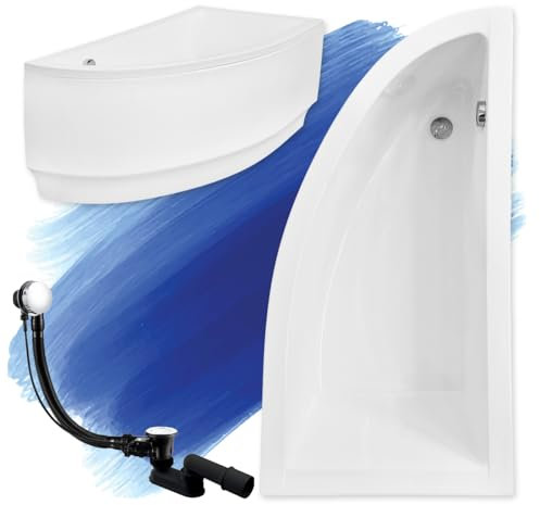 BADLAND Badewanne Original Weiß Acryl Wanne Eckbadewanne PRAKTIKA 150x70 Rechts KOMPLETTSET SET mit Premium Styroporverkleidung + Füßen und Exklusive Chrom Automatik Ablaufgarnitur Made in EU 4in1