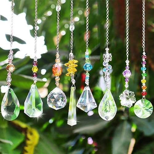 8 Pezzi Acchiappasole Cristallo, Cristalli Decorativi Prisma Arcobaleno da Finestra, Suncatcher Pendenti Rainbow Maker con Catena di Perline per la Casa, L'ufficio e il Giardino