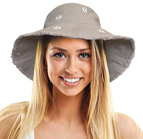 TOSKATOK Damen-Sonnenhut mit LSF 50+ Weich gewaschener Baumwolle mit gestickten G�nsebl�mchenmotiven, formbarer Krempe und ausgefransten R�ndern