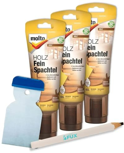 3x Molto HOLZ-FEINSPACHTEL Reparatur 400g + Metallspachtel und FarbenFux Zimmermannsbleistift