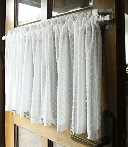 A.Monamour Gardine Scheibengardinen Kurzstores Halbtransparenter Weißer Voile Gardine Tüll Chiffon Pompon Kurzvorhang Kurzgardinen Küchengardine Küche Vorhang Fenster Kurz Stores Bistrogardine