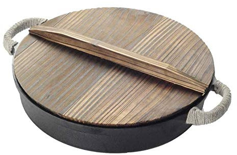 OQHAIR Sartén de Hierro Fundido, sartén Antiadherente Negra, sartén sin Revestimiento con Tapa de Madera, Universal