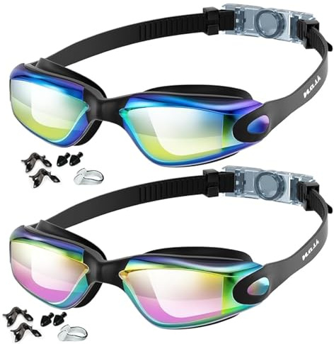 NASK Swimming Goggles, Quick Adjustable Swim Goggles for Adults Men Women & 8+ Age Kids with Nose Clip & Earplugs, Anti-Fog Clear Vision UV Resist Mirrored Lens Non-Leaking (2, Aqua Blue, Bright Rose)