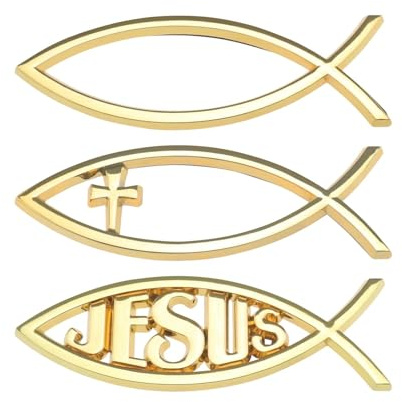 eMagTech 3 Stück 3D Jesus Fisch Aufkleber 3 Stile christliches Kreuz Fisch-Emblem Metalloptik Aufkleber für Autofenster Laptops Gepäck Kühlschrank 140 x 45 x 6 mm, Golden
