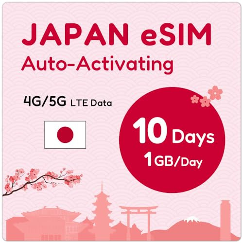 eSIM Giappone per 10 Giorni | Codice QR eSIM inviato via e-mail entro 24 ore dalla spedizione | 1GB al Giorno di Dati 4G/5G/LTE | Tethering/HotSpot Incluso | Assistenza 24/6 | Solo Dati Nessuna Voce