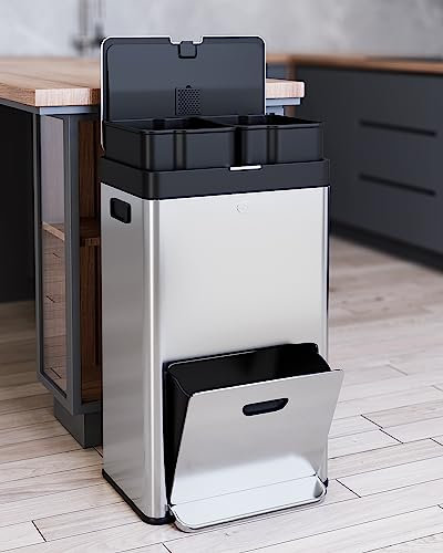 Bote de basura vertical – Cubo de basura alto de acero inoxidable de 2 niveles con combo de reciclaje para oficina interior