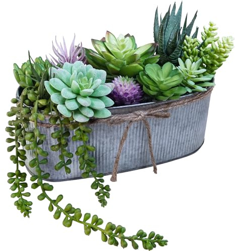 Winlyn 10 Artificial Succulent Arrangement Centerpiece Fake Succulent Plants in Rustic Metal Oval Planter Faux Potted Succulents for Home Office Bedroom Table Windowsill Shelf Mantel Decor
