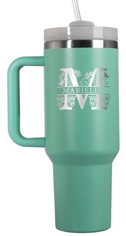 Großer Trinkbecher mit Strohhalm Personalisiert | 1200ml Thermobecher mit Deckel und Strohhalm | Trinkflasche mit Gravur | Spülmaschinenfest | Geschenkidee Ostergeschenke für Frauen | Grün Monogramm