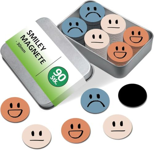 BIROYAL Smiley Magnete, Magnete Smiley, 90 STK, mit Metallbox, Retro | Ø 30mm, 1,1mm Dicke, Starke haftende Flach-Magnet, Lehrer Zubehör, Magnete für Magnettafel, Tafel, Belohnungstafel Kinder