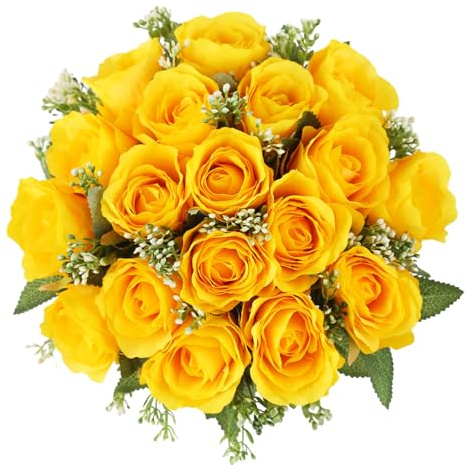 CUQRY Yellow Cemetery Flowers for Grave - 18 Silk Rose for Cemetery Decorations-Outdoor Memorial Flowers for Cemetery