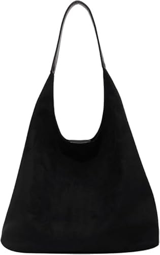 Wildleder Handtasche Damen, Retro Wildleder Schultertasche, Damen Gross Tragetasche, Shopper Tasche Hobo Bag Slouchy Bag (Black)