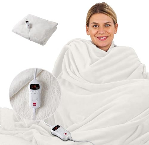 SENSIOHOME Luxury Heated Throw Electric Blanket Cream, Flannel Fleece with Teddy Fleece On The Inside, Machine Washable, Digital Remote with 10 Heat Settings and Timer