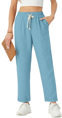 PrinStory Womens Lightweight Straight Leg Trousers Elasticated Waist Summer Trousers Drawstring Ladies Pants With Pockets