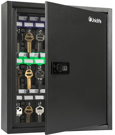 Uniclife 40 Position Key Cabinet with Combination Lock Resettable Black Security Storage Box Steel Key Organizer with Adjustable Racks Colorful Key Tag Labels and Hooks