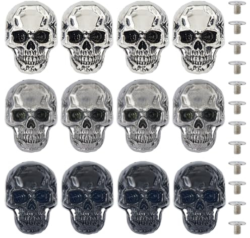 SUPERFINDINGS 12Sets 3Colors Alloy Skull Stud Rivet Skull Conchos Screw Back Leather Crafting Skull for Punk Style Clothing Accessories DIY Craft Decoration, Hole: 2.4mm
