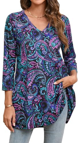Enmain kvinnor tunika toppar casual damer plus size tunika 3/4 längd ärm v-ringad lång lös passform blus toppar att bära med leggings, Svart paisley, S