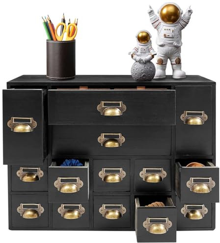 Gvqng 14 Drawers Apothecary Cabinet, Wooden Desk Drawer Organizer with 14 Drawers, Tabletop Apothecary Chests and Cabinets, Library Card Catalog Cabinet Herb Storage Box,Black