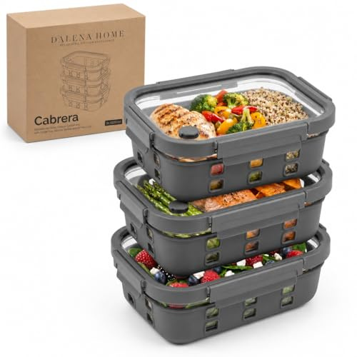 Dalena Home Meal Prep Boxen Set 3x1020ml – Borosilikatglas, auslaufsicher, stapelbar, mikrowellengeeignet, mit Silikon-Schutzmantel und Dampfventil
